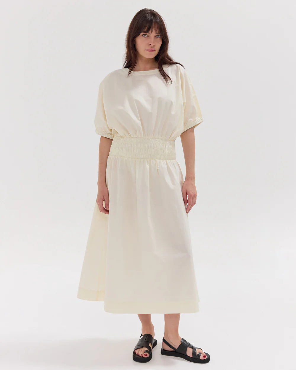 Cloth and Co The Gathered Sleeve Shirred Midi Dress