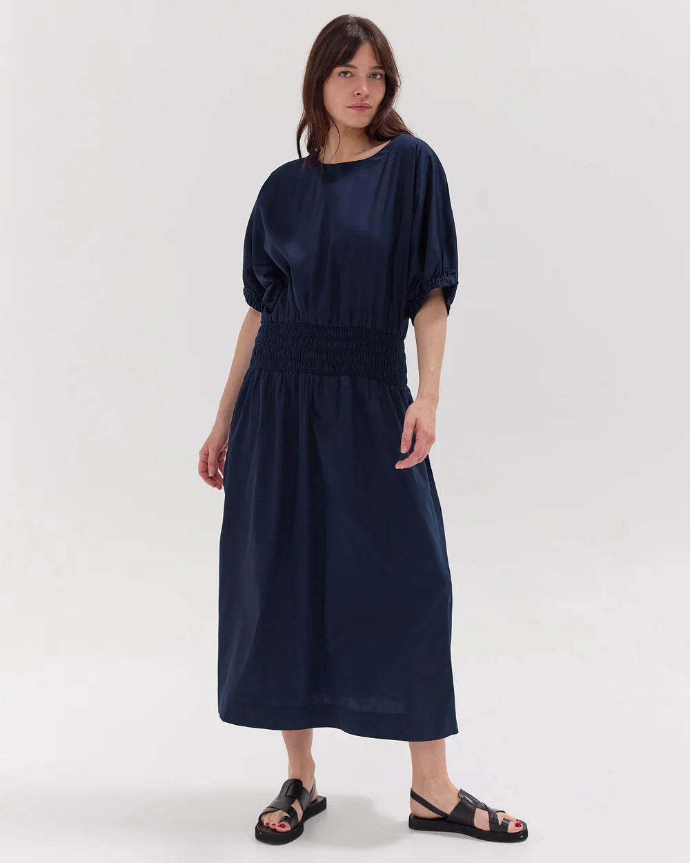 Cloth and Co The Gathered Sleeve Shirred Midi Dress