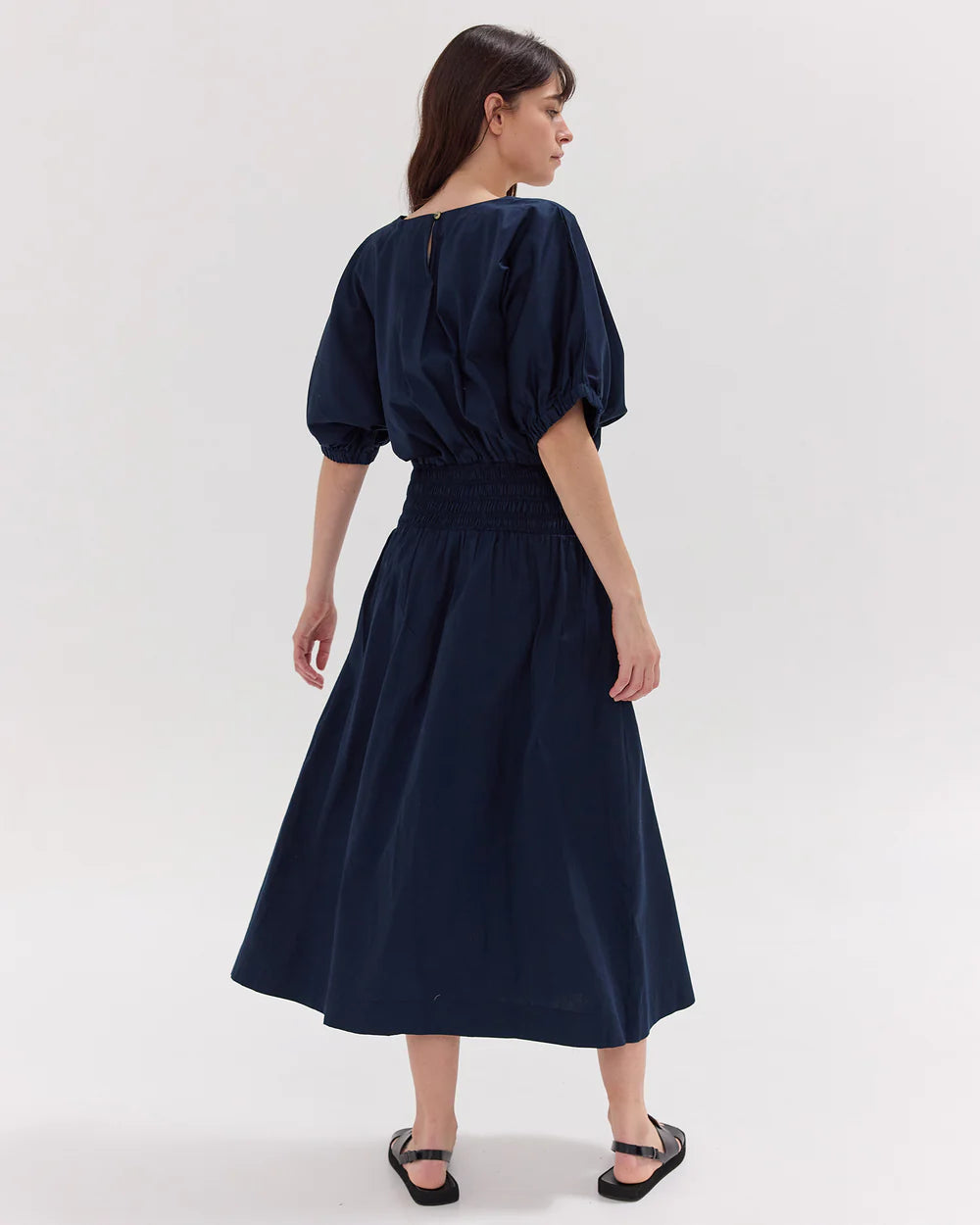Cloth and Co The Gathered Sleeve Shirred Midi Dress