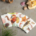 A fan of white paper napkins printed with colorful sea creatures like a crab, starfish, shrimp, and seahorse, styled on a gray stone surface with seashells, driftwood, and greenery.