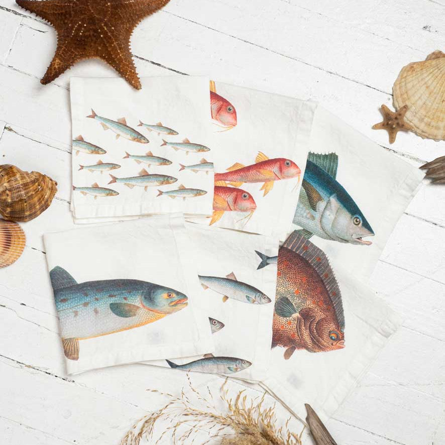 Set of four coasters with fish illustrations on a white wooden surface with shells and a starfish.