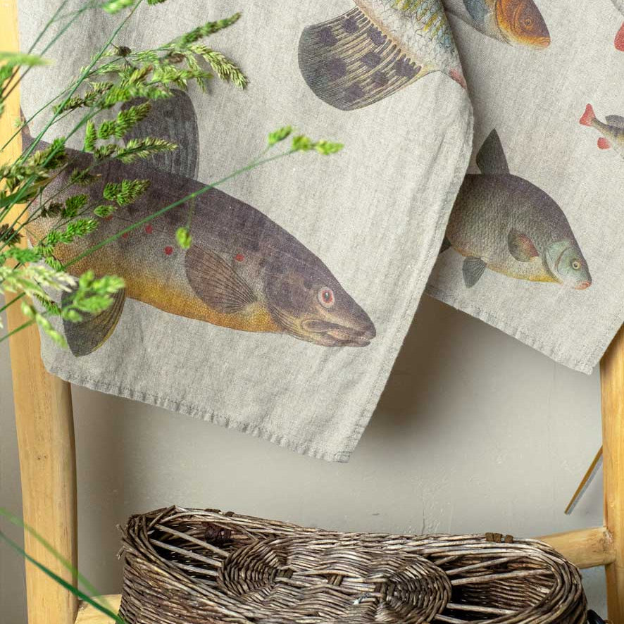 Illustrated Linen Kitchen Tea Towels - Fresh Water Fish