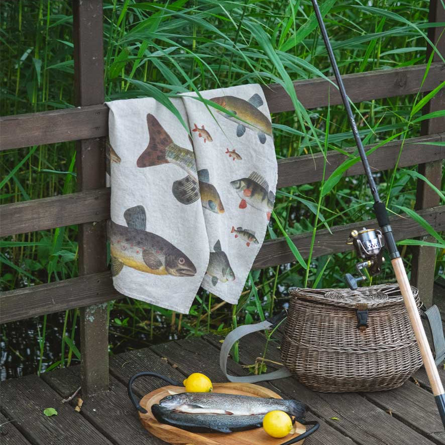 Illustrated Linen Kitchen Tea Towels - Fresh Water Fish
