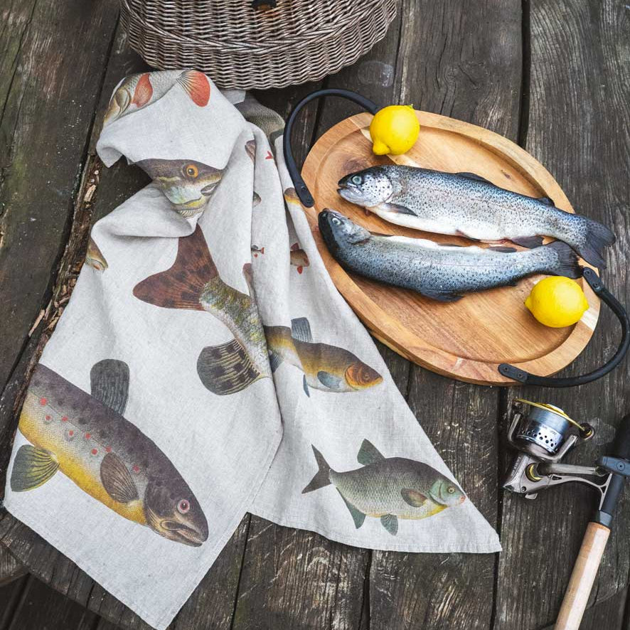 Illustrated Linen Kitchen Tea Towels - Fresh Water Fish