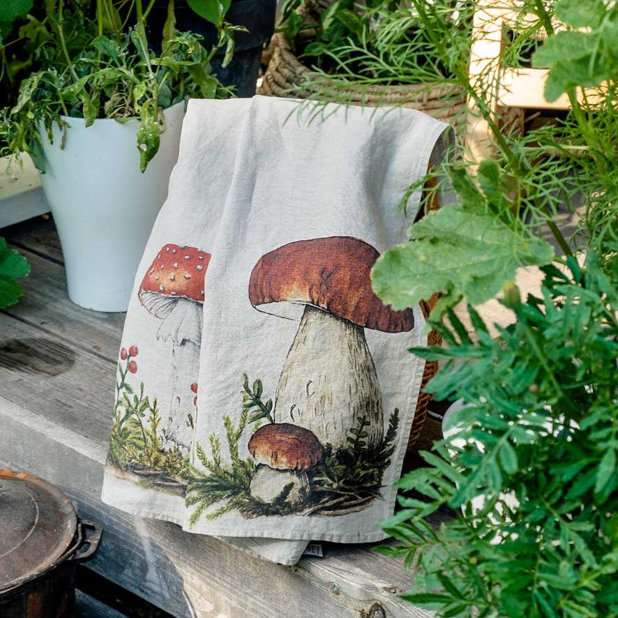 Illustrated Linen Kitchen Tea Towels - Forest Mushroom