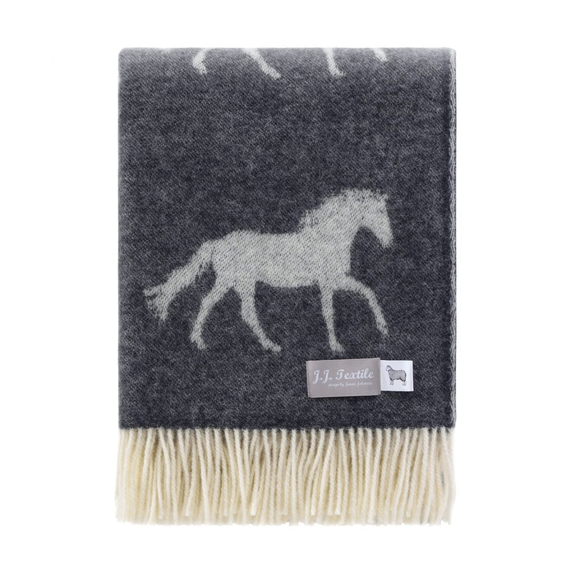 Gray throw blanket with horse design and brand label on a white background
