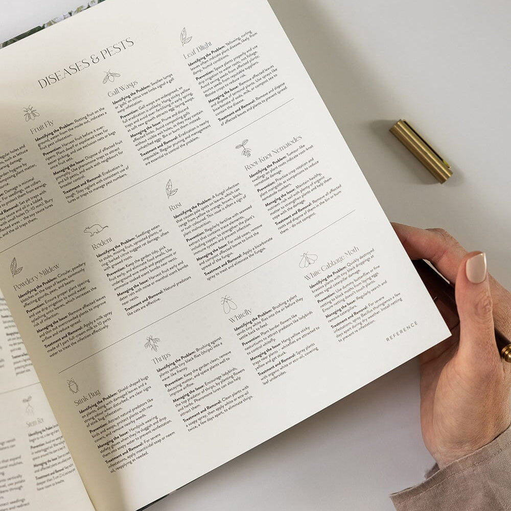 Open book with text on a white surface, hand holding a pen