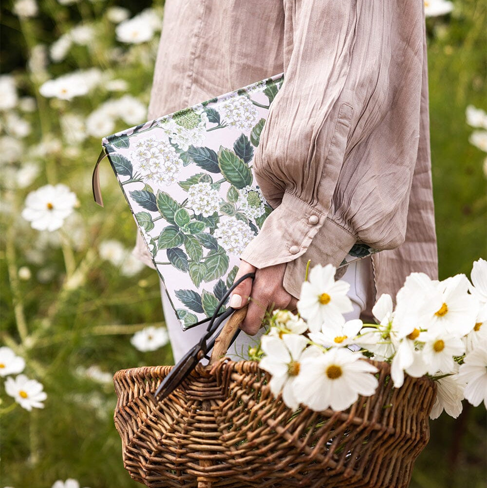 Person holding a floral-patterned clutch and a basket of flowers in a field of white flowers.