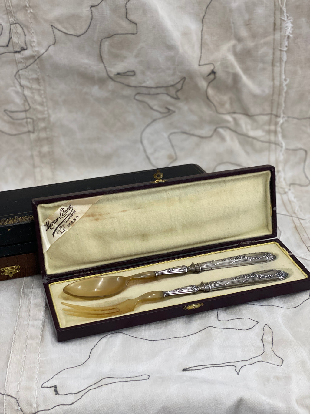 French Antique Silver and Horn Salad Servers