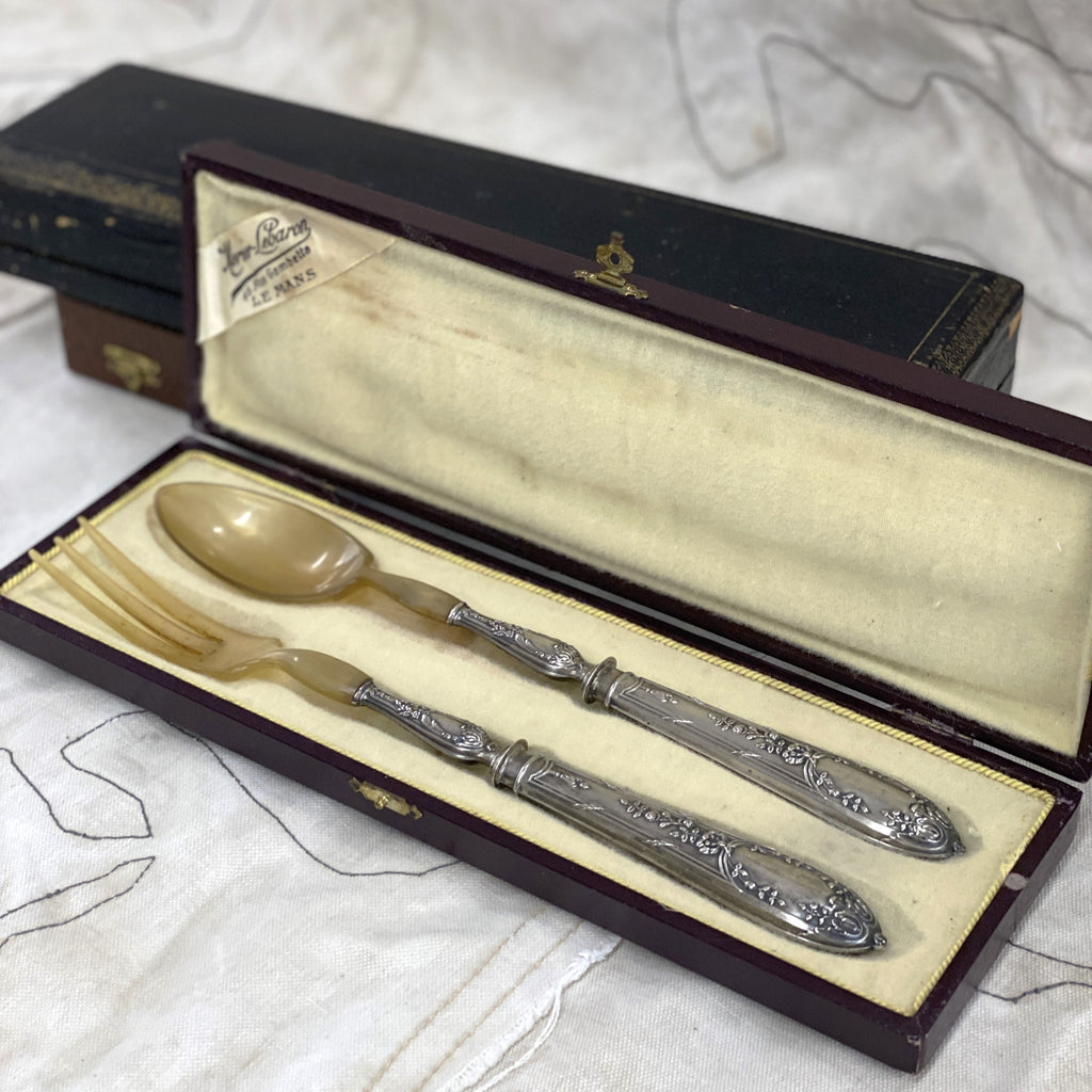 French Antique Silver and Horn Salad Servers
