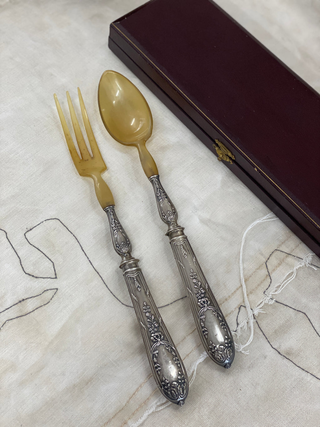 French Antique Silver and Horn Salad Servers