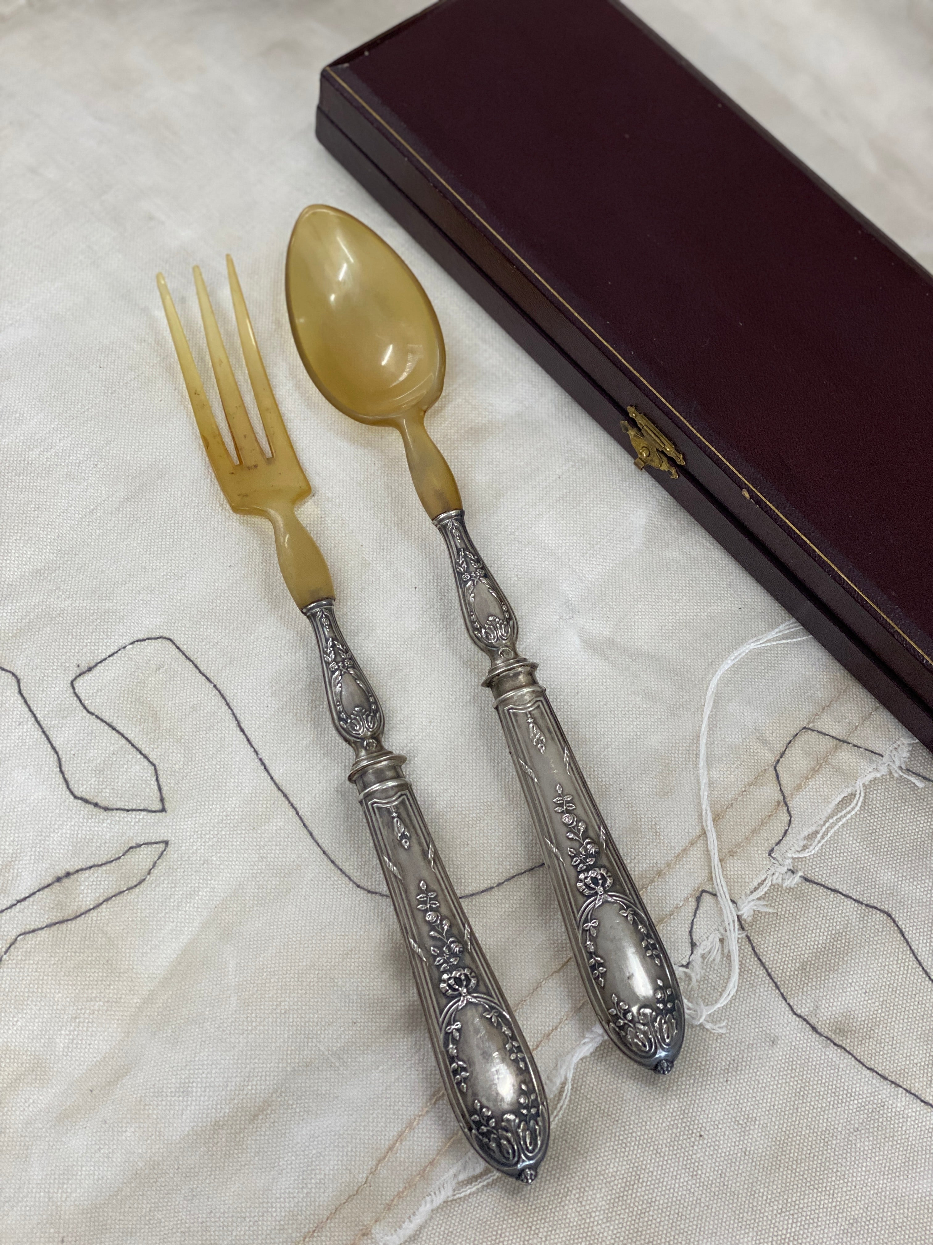 French Antique Silver and Horn Salad Servers