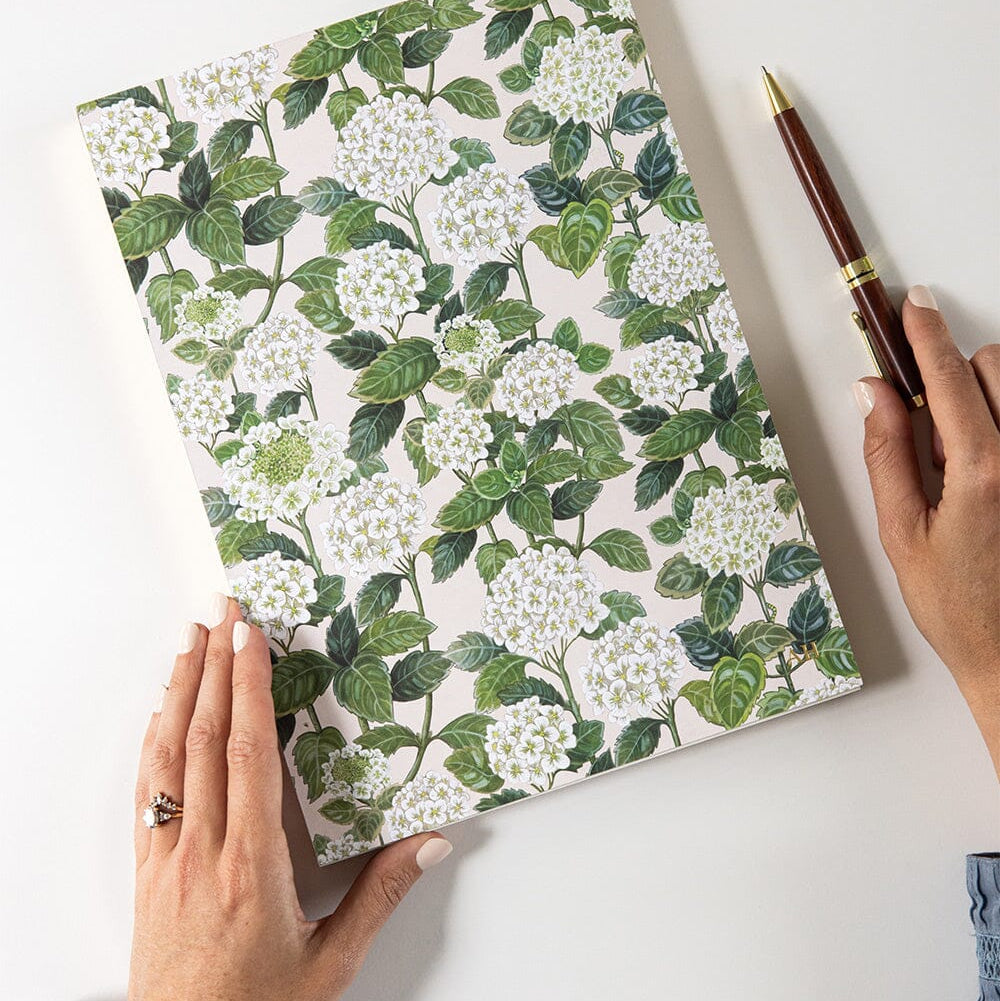 Notebook with floral design held by hands on a white surface