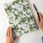 Notebook with floral design held by hands on a white surface