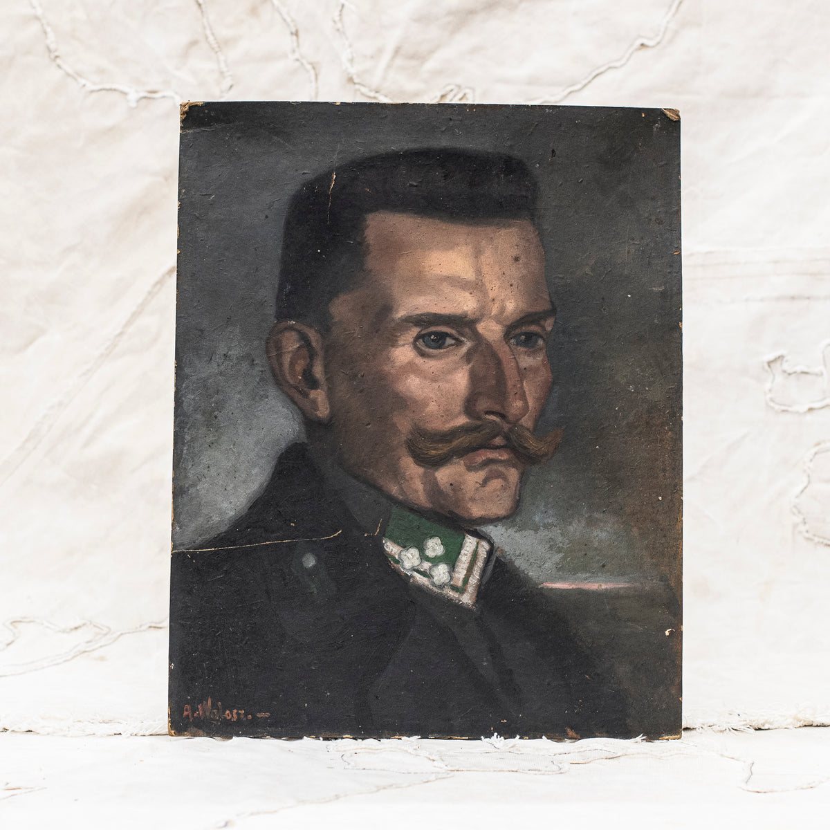 Antique European Painting Portrait of Man w Moustache
