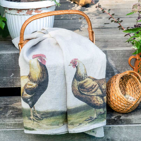 Illustrated Linen Kitchen Tea Towels - Rooster & Hen