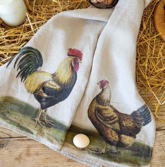 Illustrated Linen Kitchen Tea Towels - Rooster & Hen