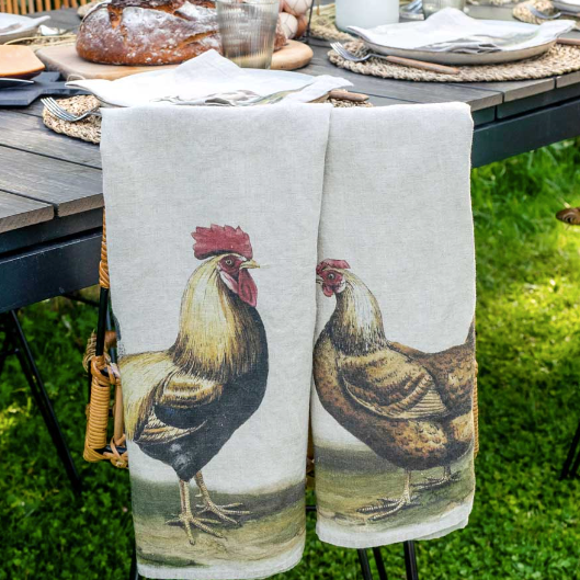 Illustrated Linen Kitchen Tea Towels - Rooster & Hen