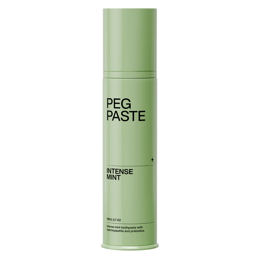 Green can of Peg Paste Intense Mint on a white background