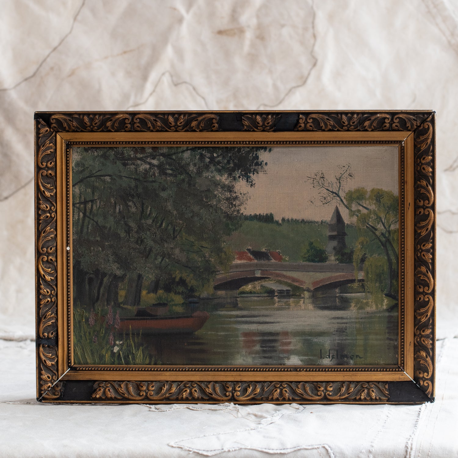 Antique French Landscape Framed Oil Painting