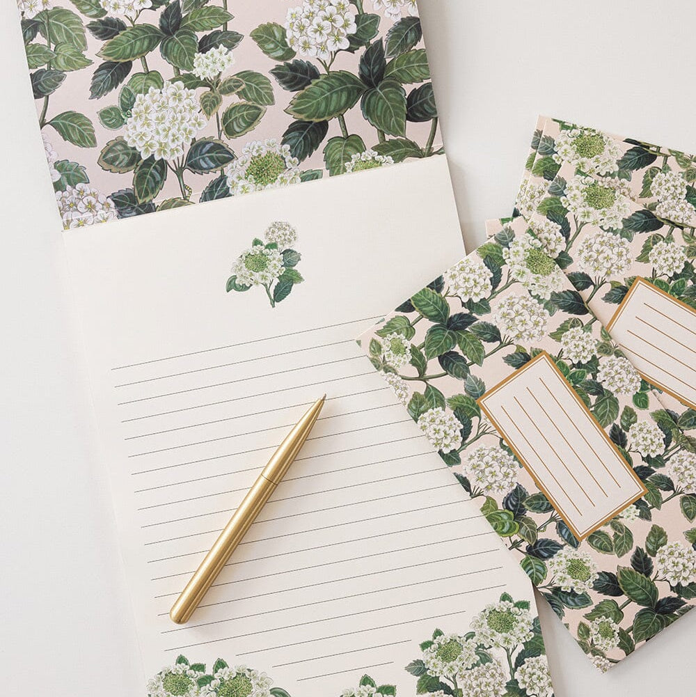 Floral-patterned paper with a pen on a white background