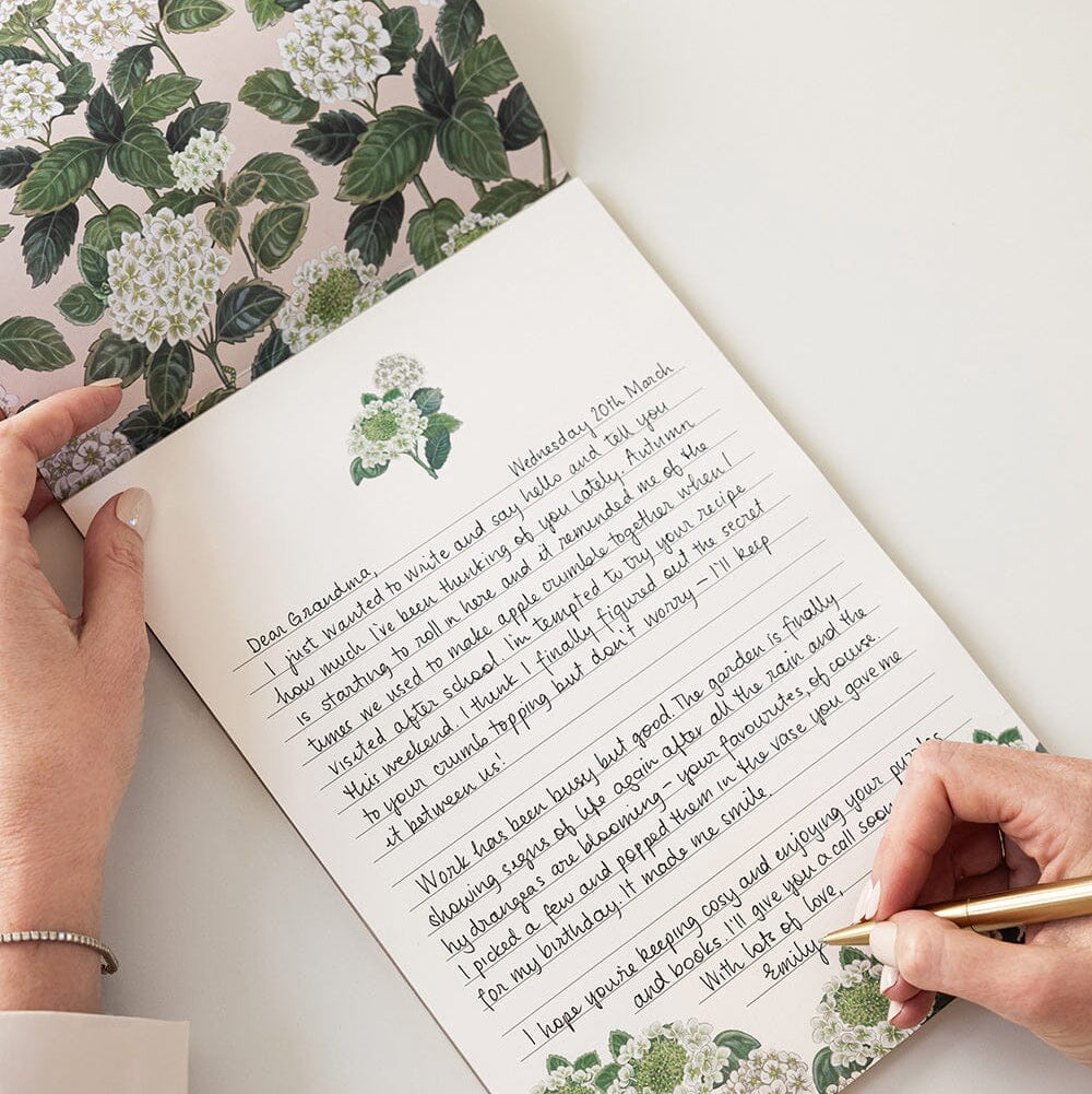 Person writing a letter with floral stationery on a white surface