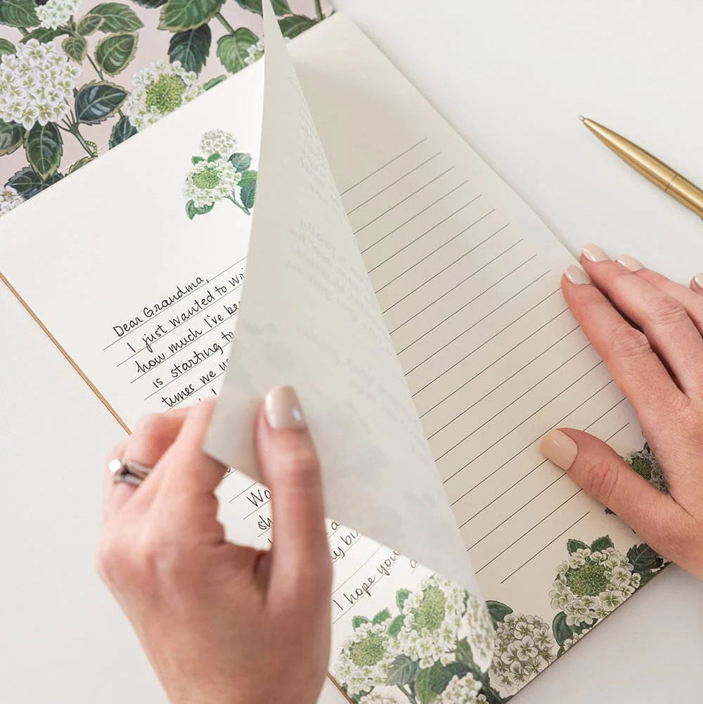 Person holding a letter with floral stationery and a pen on a white surface