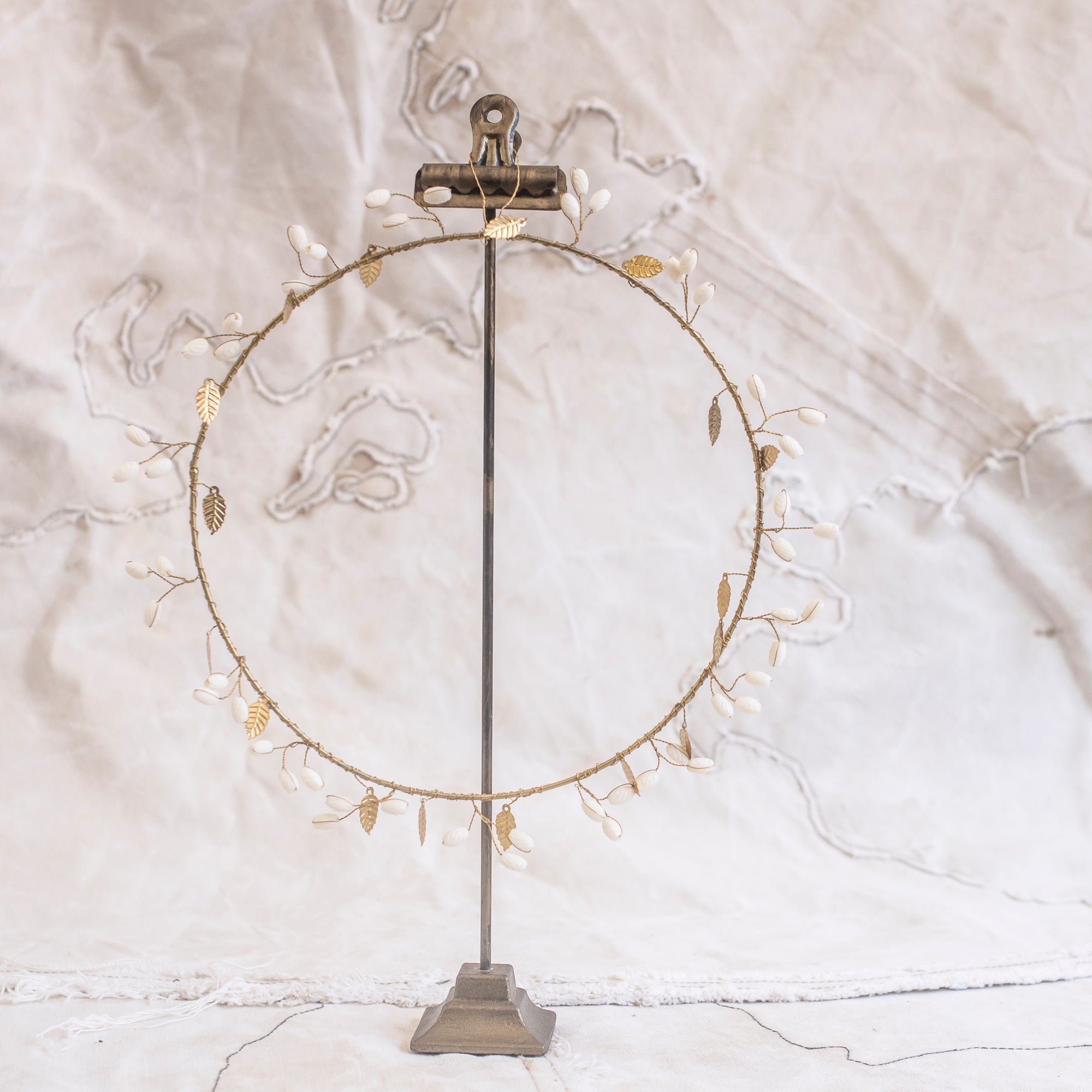 Wreath with Brass Leaves and  White Branchlets