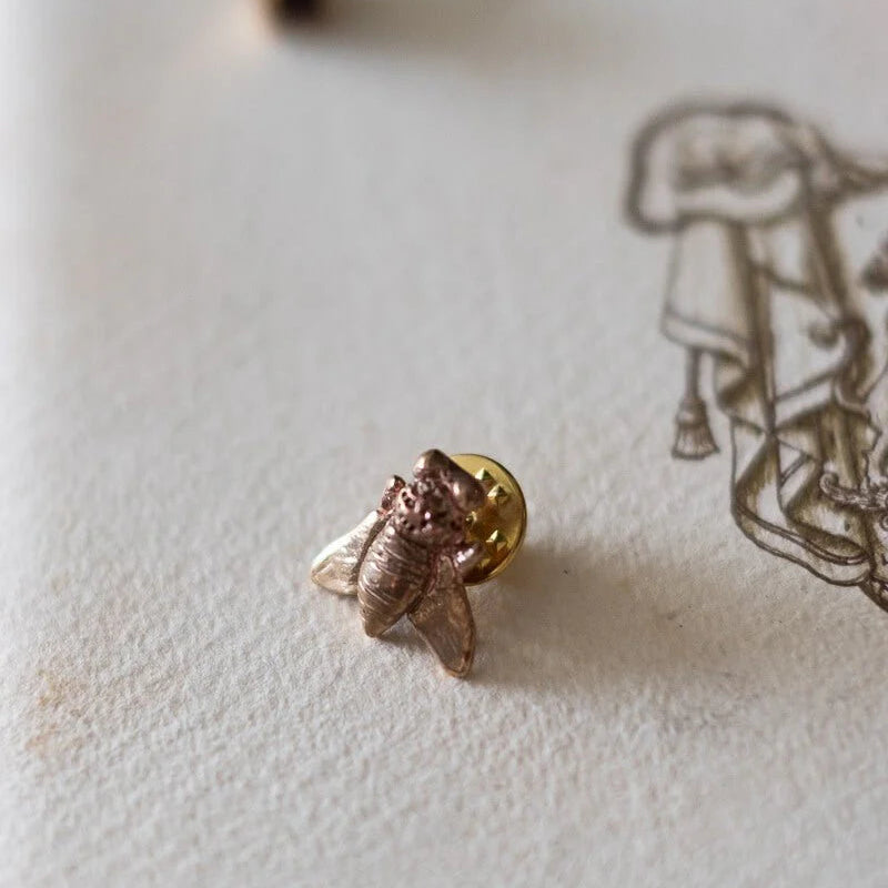Small insect-shaped object on a textured surface with a faint illustration in the background