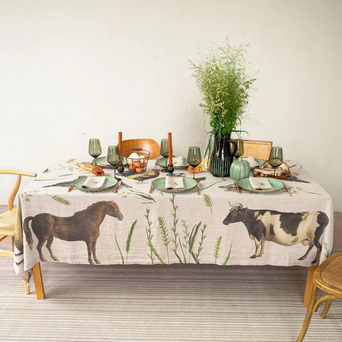 Illustrated Linen Tablecloth - Farm Animals