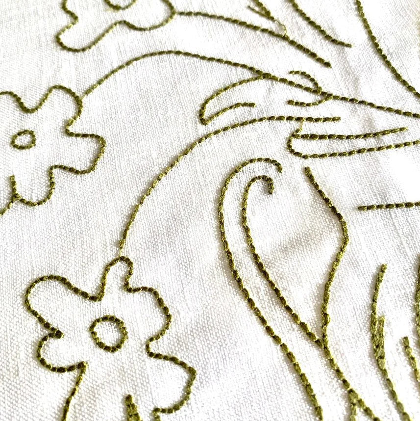 Close-up of embroidered design on fabric with floral patterns and a cat-like figure.
