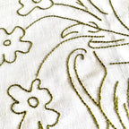 Close-up of embroidered design on fabric with floral patterns and a cat-like figure.