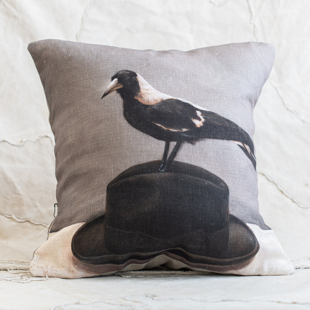 Anita Mertzlin Linen Cushion - Magpie on Hat Cushion (Limited Edition) - The Lost + Found Department