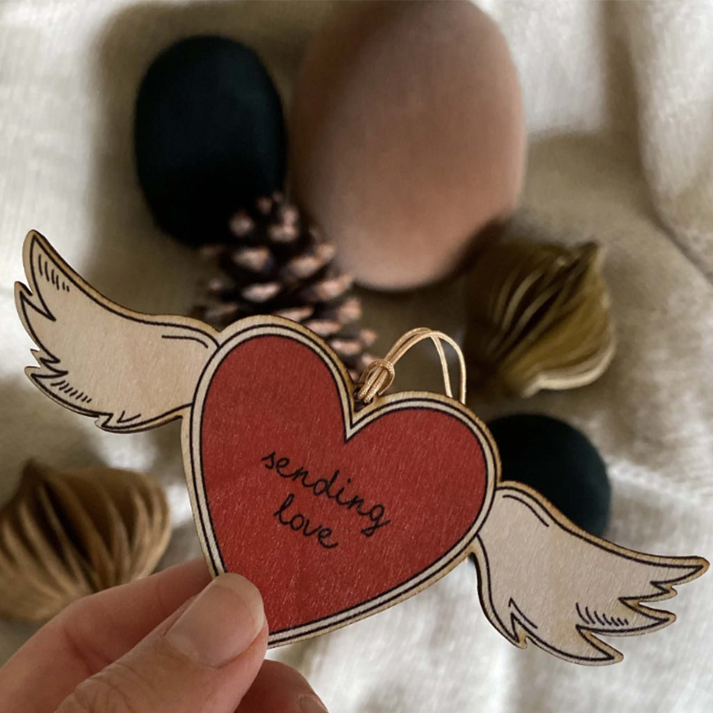 + Wooden Decoration - "Sending Love" Winged Heart - The Lost + Found Department