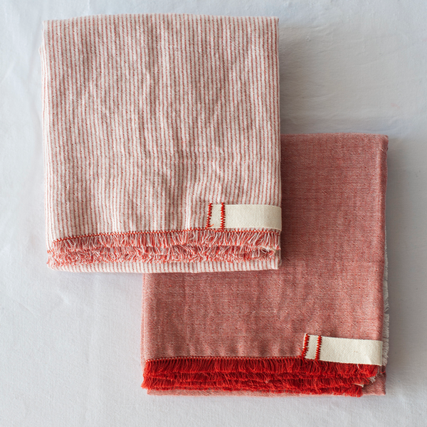 + Tea Towels (Portugal) Stripe/Plain Akane Red - Set of 2 - The Lost + Found Department