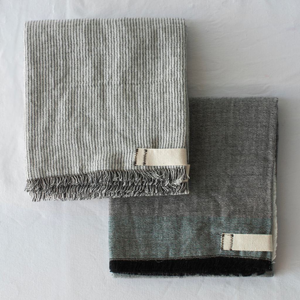 + Tea Towels (Portugal) Stripe/Plain Charcoal - Set of 2 - The Lost + Found Department
